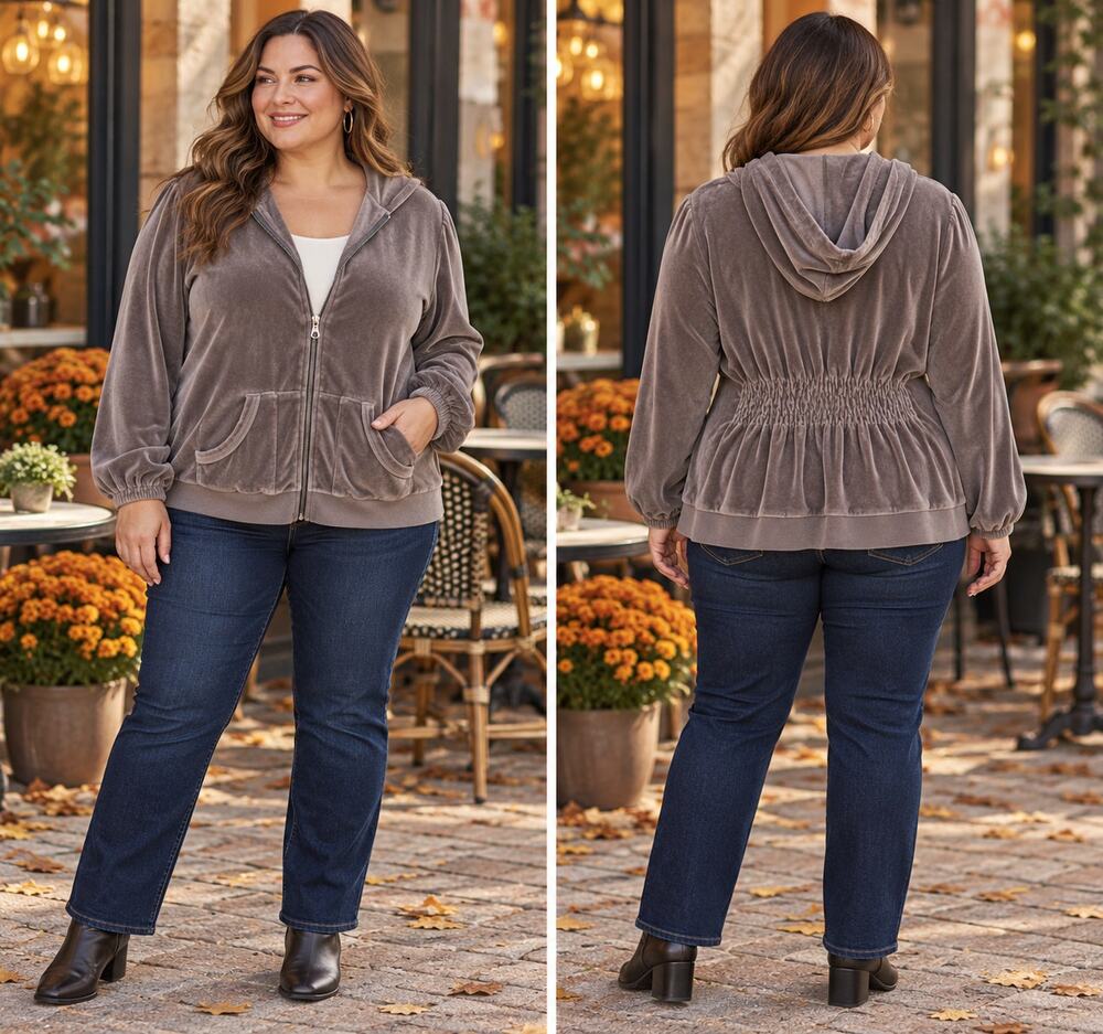 Brown Velour Zip Up Hoodie 1X Plus Size Smocked Waist Pockets Y2K Jacket
